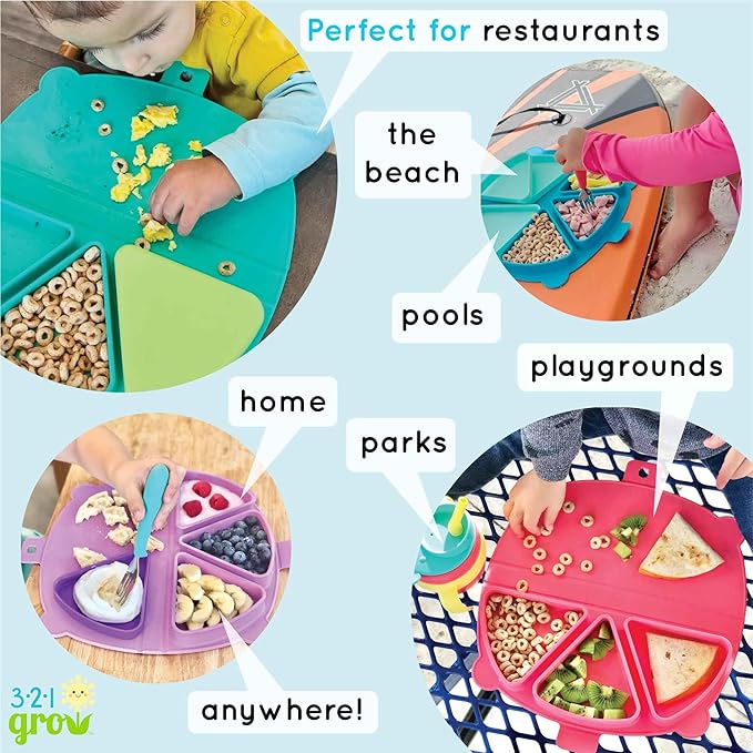 Silicone On-The-Go Snack Mat – Foldable Reusable Placemat with 3 Compartments and Lids – Travel-Friendly Baby and Toddler Snack Plate – Dishwasher Safe (Plum)