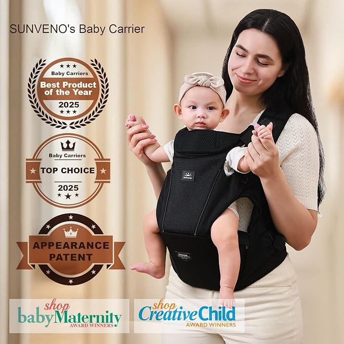 SUNVENO Baby Carrier for Newborn to Toddler – CPC-Certified Breathable Mesh Hip Seat Carrier, Supports 7-45 lbs for Front & Back Carry with Adjustable Waistband, All-Season, Black