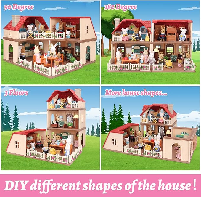 Family Cozy Cabin Doll House Playset, Dollhouse Furniture and Accessories,DIY Cottage Pretend Play Dollhouses, for Toddlers, Boys & Girls