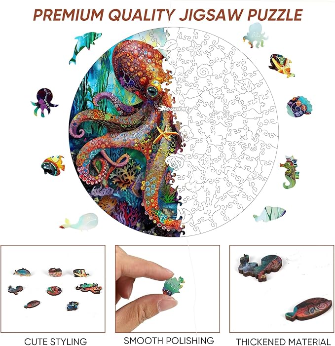 Wooden Puzzle for Adults 200pcs, Octopus Wooden Jigsaw Puzzles, Unique Shape Animal Adult Puzzles, Irregular Wood Puzzles Best Gift for Adults and Kids Family Game(11.2 * 11.2 in)