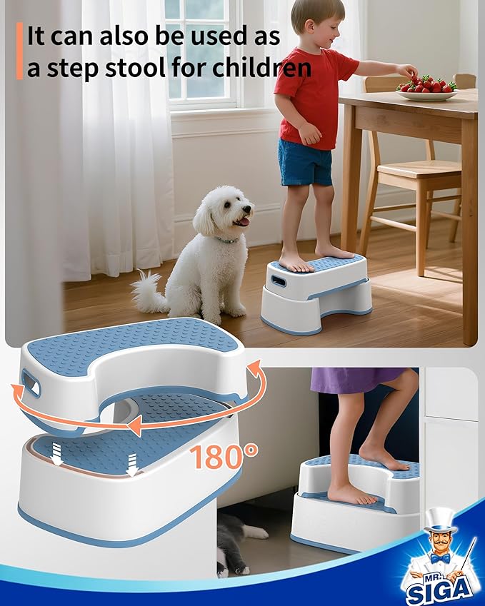MR.SIGA Toilet Stool Squat Adult, Bathroom Stool Heavy Duty, Anti Slip Toilet Step for Bathroom, Toddler Step Stool for Kids, White & Grayish Blue