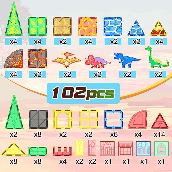 102PCS Dinosaur Toys Magnetic Tiles with 8 Dinosaurs - Jurassic Scenes Dinosaur World Adventure Set, Magnetic Blocks Kids Toys for Boys & Girls Ages 3+, Sensory Toddler Creative Kids Games Gifts