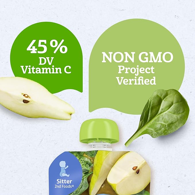 Gerber Stage 2 Baby Food, Organic Pear Spinach Puree Pouch, 2 Servings of Fruit and Veggie, No Added Sweetener, No Artificial Colors or Flavors, 12-Pack