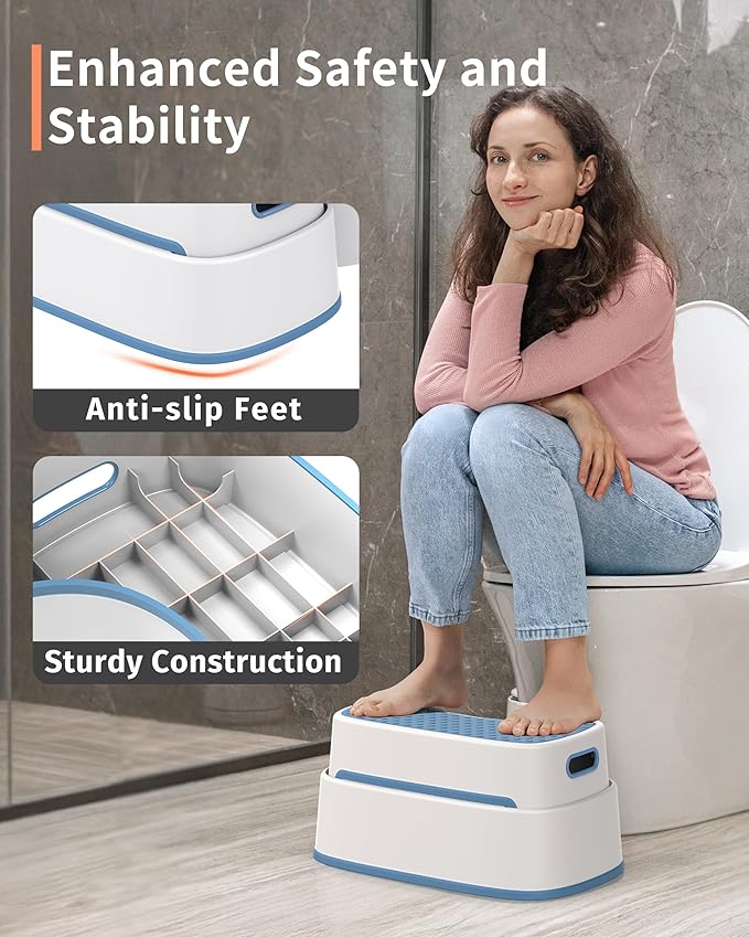 MR.SIGA Toilet Stool Squat Adult, Bathroom Stool Heavy Duty, Anti Slip Toilet Step for Bathroom, Toddler Step Stool for Kids, White & Grayish Blue