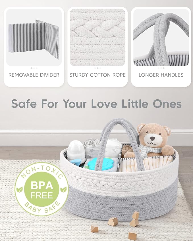 Maliton Diaper Caddy Organizer for Baby Boy- Cotton Rope for Changing Table, Nursery Storage, Newborn Baby Must Have Items