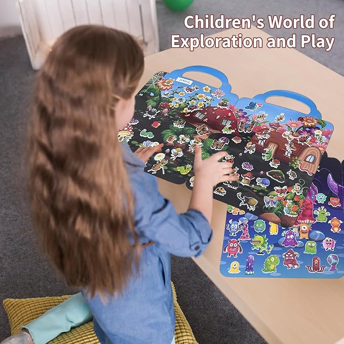 6Set Reusable Sticker Books for Kids 1-3 2-4 Years Old, 3D Puffy Stickers Books for Toddlers,Monster+Insects+Forest+Desert+Polar+Amusement Park