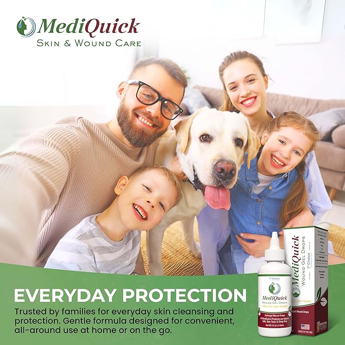 MediQuick Skin & Wound Care Hydrogel Drops - Quick Healing First Aid Drops with 12 Hours Action to Heal Cuts, Burns, Inflammation, Rash, Itch, Eczema & More - Safe Wound Wash with No-Sting - 4 Fl Oz