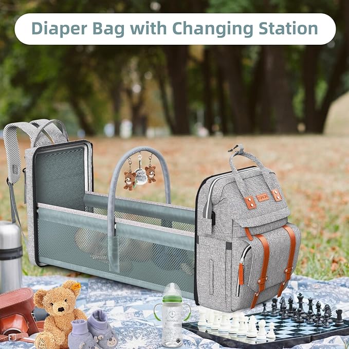 Diaper Bag Backpack with Changing Station, Large Diaper Bag, Baby Bag, Multifunctional Diaper Bag, Gray