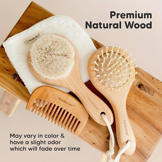 Baby Hair Brush and Comb Set for Newborn - Wooden Baby Hair Brush Set with Soft Goat Bristle, Baby Brush Set for Newborns, Baby Brush and Comb Set Girl, Boy, Toddler Cradle Cap Brush (Round, Walnut)