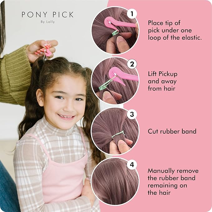 THE PONY PICK Rubber Bands Cutter for Hair Removal - Pain-Free Hair Band Remover - Easy 3 Pack with 50 Colored Elastics