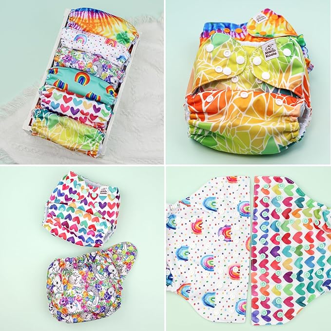 Mama Koala 3.0 Cloth Diapers for Babies, 6 Pack One Size Washable and Reusable Pocket Diapers for Newborns and Toddlers (Rainbow and Love)