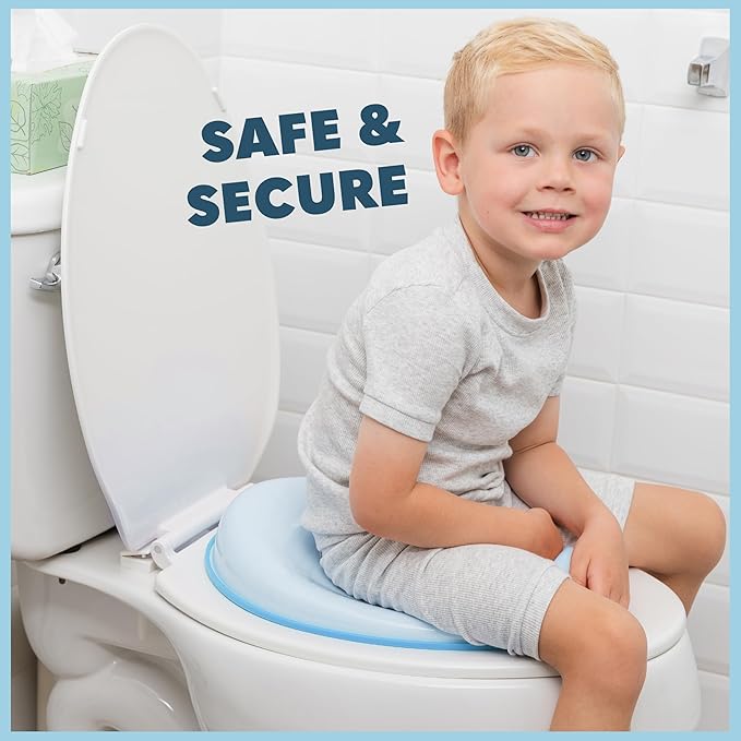 Toddler Potty Training Seat - Toddler Toilet Seat Attachment for Boys & Girls w/Splash Guard, Non-Slip Grip for Secure Fit, Fits Standard Round & Oval Toilets, Storage Hook Included, Blue