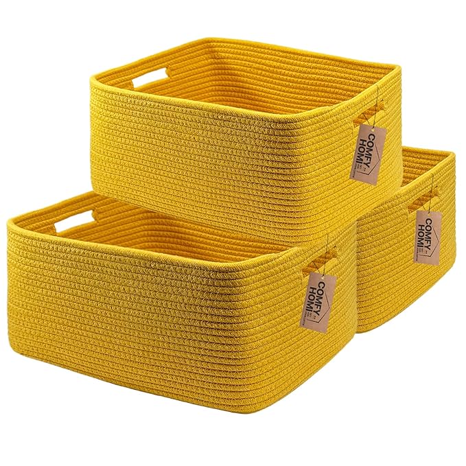COMFY-HOMI 3 pcs Large Storage Baskets for Shelves, Laundry Basket, Woven Rope Basket, Closet Organizer Bins for Clothes Blanket Towels, Baby Nursery, Gift Toy Baskets, 17” x 13” x 7.5”-Yellow