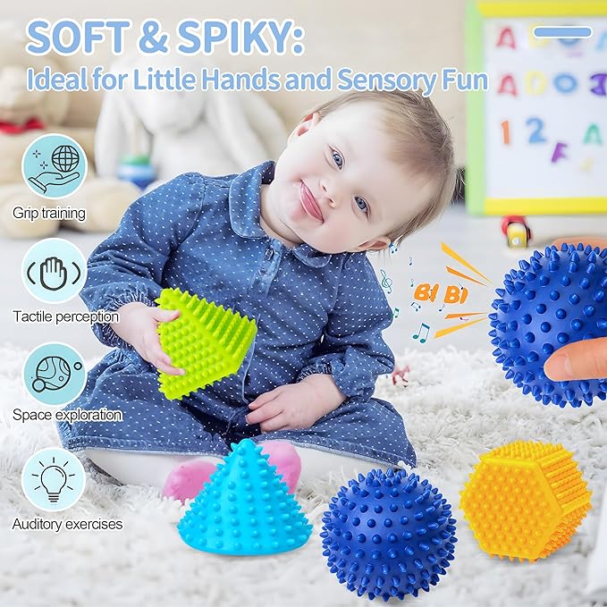 Soft Spiky Sensory Balls - Textured Geometric Shapes for Babies' Sensory Development, Massage Sensory Balls for Toddlers 1-3 Multicolor Bath Gifts Montessori Toys Baby Balls 6 to 12 Months