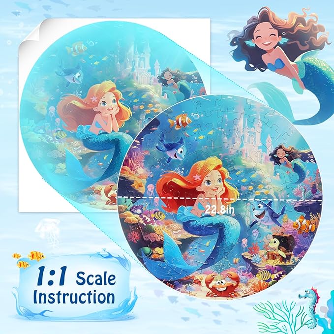 Floor Puzzles for Kids Ages 3-5, 70 Pieces Mermaid Jigsaw Puzzle for Toddler Girls Ages 3 4 5 6 7 8 Year Old, Large Round Underwater Princess Puzzle Educational Learning Toys Birthday Gift