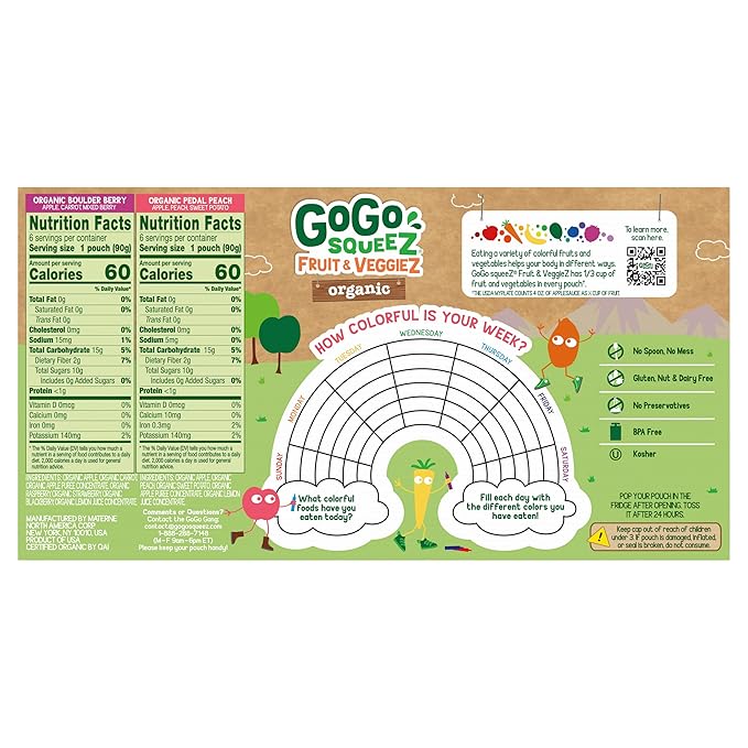 GoGo squeeZ Organic Fruit & veggieZ Applesauce and Puree Variety Pack, Pedal Peach and Boulder Berry, 3.2 oz (Pack of 12), Unsweetened Snacks for Kids, BPA Free Pouches