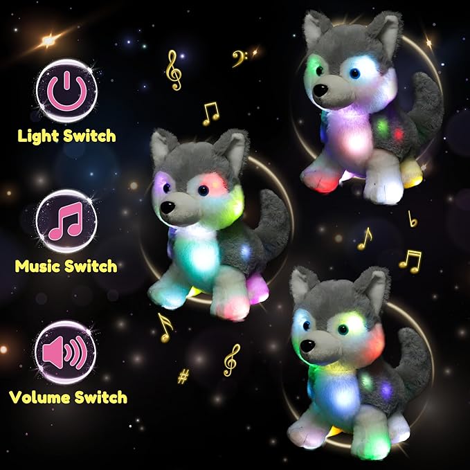 Hopearl LED Musical Stuffed Husky Lighting Up Singing Plush Dog Adjustable Volume Lullaby Animated Soothe Birthday Gifts for Kids Boys Girls, Gray, 12''