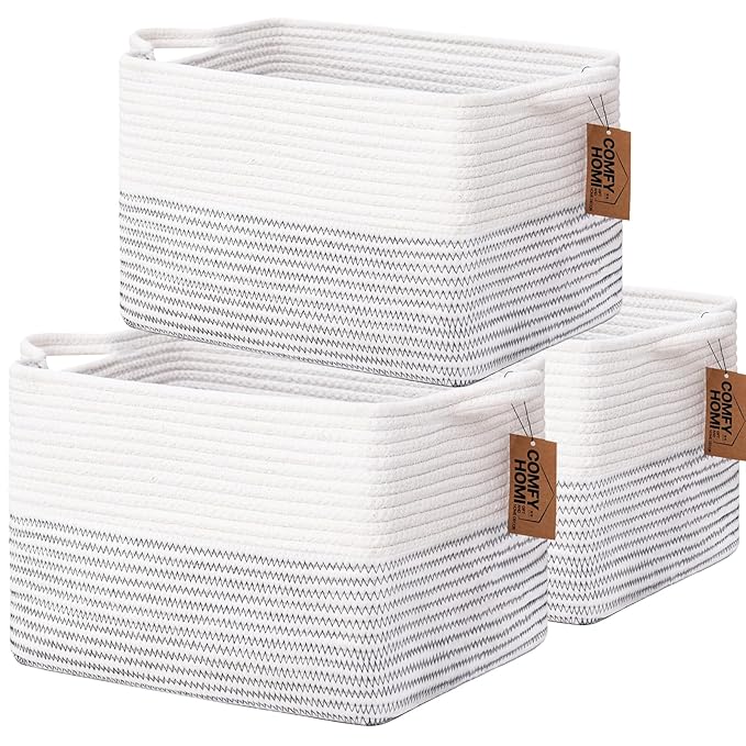COMFY-HOMI 3 Pack Cotton Rope Square Basket with Handles - Storage & Organizer (White/Black Line, 13.5" x 11" x 9.5")