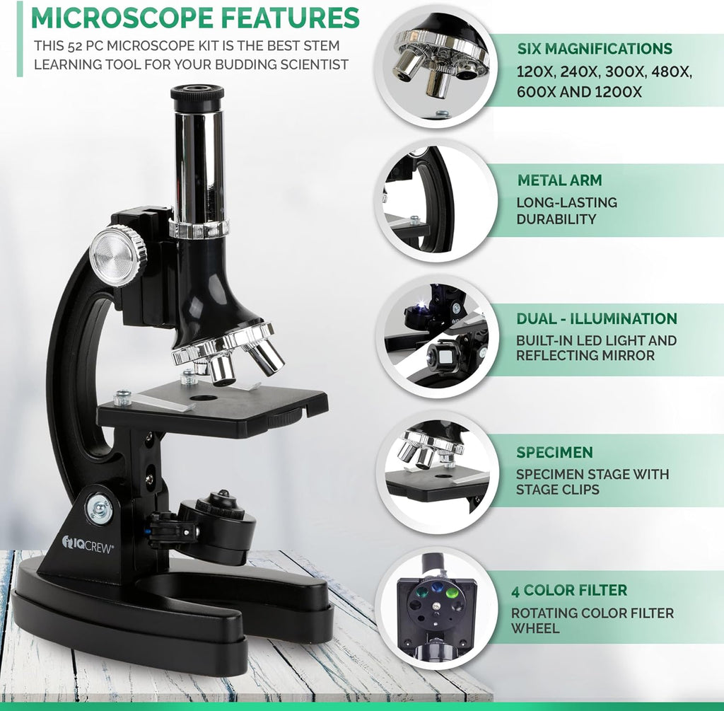 AMSCOPE-Kids 120X-1200X Black Metal Arm Starter Kids Student Microscope Kit with Fossil Dig Activity Kit and Insect Slides - M30-ABS-KT2-KVB2