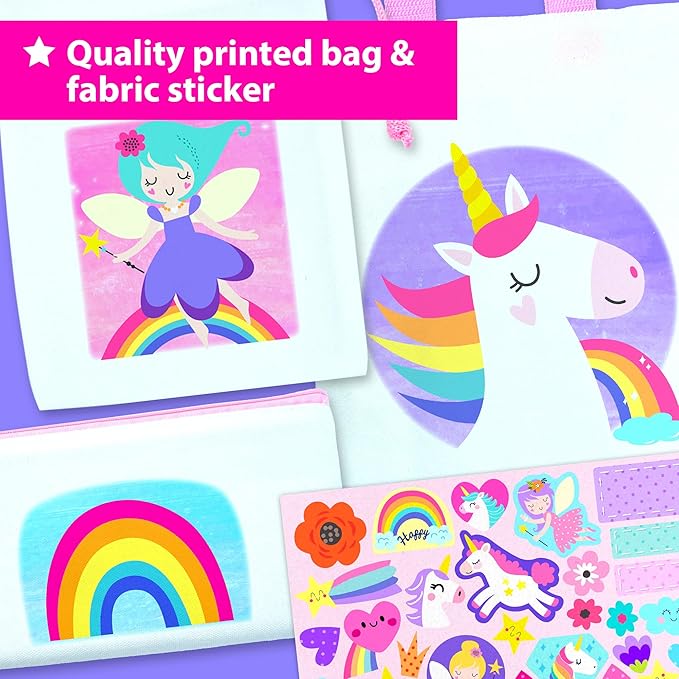 KRAFUN Decorate-a-Bag Craft Kit for Kids 5+ Years, Unicorn & Fairy Theme with Stickers & Gems, 3 DIY Customizable Bags, Step-by-Step Instructions, Creative Activity Set Girls & Boys, Educational Toy