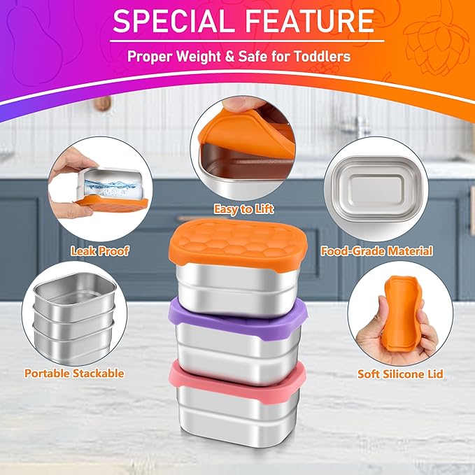 HaWare Stainless Steel Snack Containers for Toddlers and Kids, 8 oz Leak Proof Food Storage Containers with Silicone Lids, Stackable & Reusable Small Metal Lunch Box for Daycare and School- 3 Packs