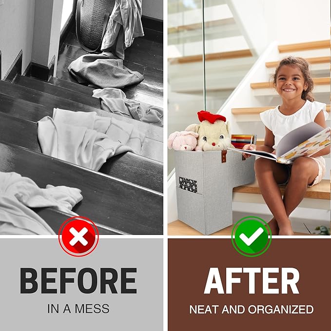 SAM AND MABEL Stair Baskets for Carpeted and Wooden Stairs – 16”L x 9.5”W x 16”H Foldable Staircase Basket with Handles, Stairway Storage Organizer for Home Office Decor (Grayish Beige)