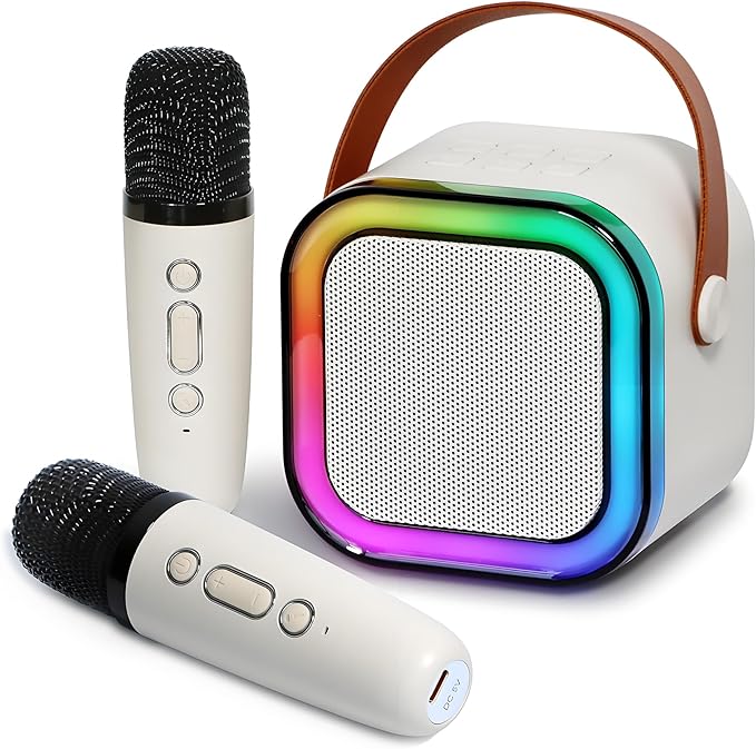 Mini Karaoke Machine for Kids with 2 Wireless Microphones and Lights, Bluetooth Connect Phone to Sing, 4-12+ Year Old Girl Boy Birthday Gifts, Teen Girl Gifts Trendy Stuff (Beige)