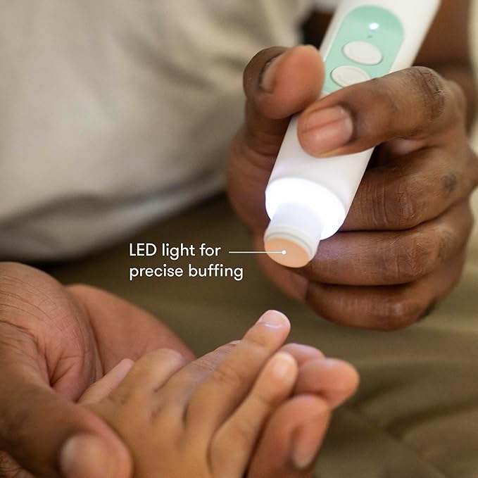 Frida Baby Electric Nail Buffer | Safe + Easy Baby Nail File, Baby Nail Clippers + Nail Trimmer Kit for Newborn, Toddler, Children's Fingernails/Toenails, 4 Buffer Pads, LED Light, Storage Case, White