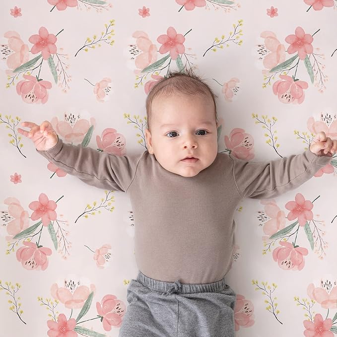 Pack n Play Stretchy Fitted Playard Sheet Set BROLEX 2 Pack Portable Mini Crib Sheets,Convertible Playard Mattress Cover,Ultra Soft Material,Pink Blossom