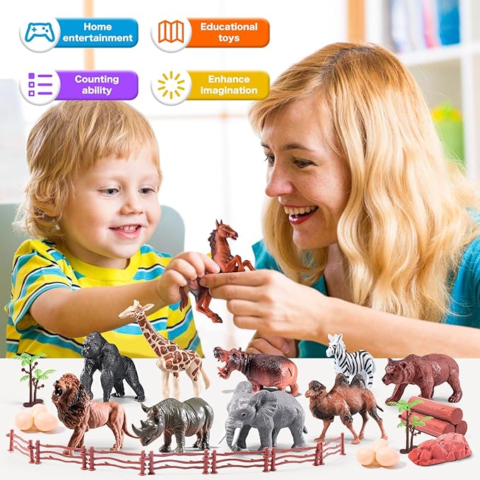 Safari Animals Playset, 41Pcs Jungle Zoo Animal Toys for Toddlers 1-3/Kids 3-5 - Light-Up Sound Lion Basket, Non-Toxic Educational Figurines, Ideal Birthday for Boys & Girls