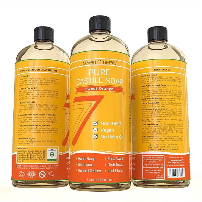 Pure Castile Soap, Sweet Orange - No Palm Oil, GMO-Free - Gentle Liquid Soap For Sensitive Skin & Baby Wash - All Natural Vegan Formula with Organic Carrier Oils (33.8 fl oz)