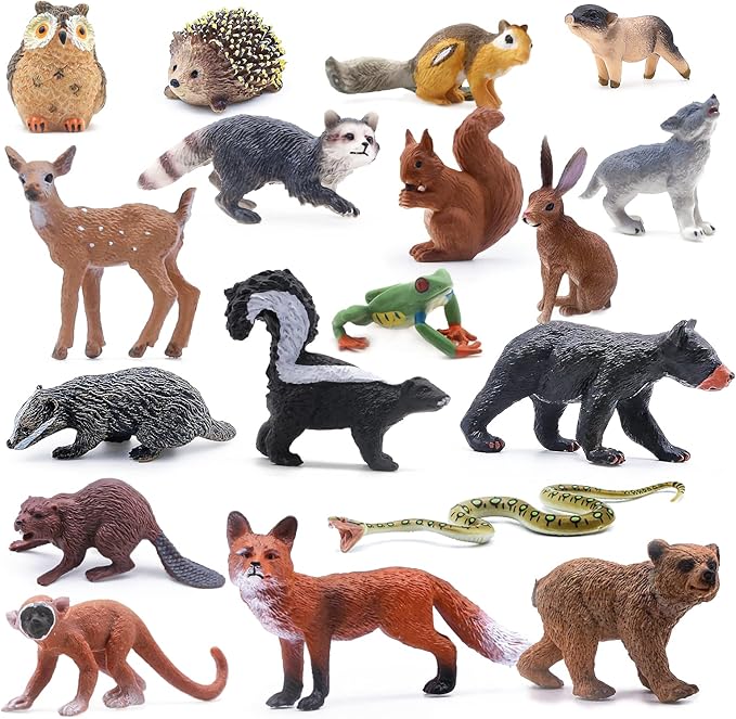 SIENON 18Pcs Forest Animals Figures Toys, Miniature Baby Woodland with Owl Hedgehog Fox Squirrel Bear Monkey Deer Wolf Snake for Kids Educational Christmas Birthday Party Gift Cake Decorations