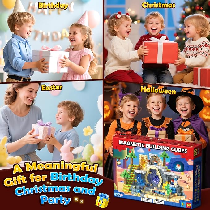 150 PCS Magnetic Blocks: Magnet Building Toys for Kids Ages 4-8, STEM Sensory Building Cubes for Toddlers, Build Mine Magnet World Set for 3-12 Boy Girl Years Old Birthday