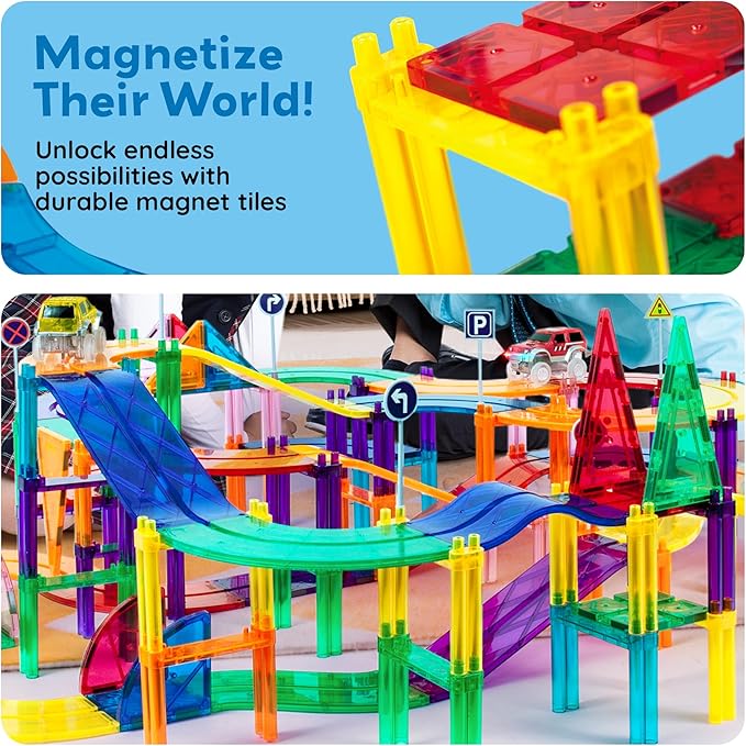 PicassoTiles 128pcs Magnetic Race Car Track Building Block Educational Toy Set Tiles Magnet Playset 3 LED Car STEM Learning Construction Kit Fine Motor Skill Training Brain Development for Kids Age3+