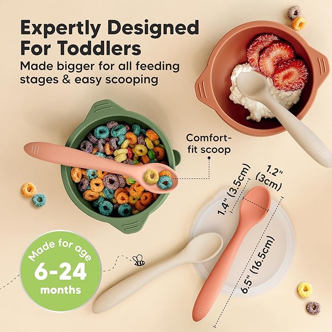 KeaBabies Silicone Baby Spoons, Self Feeding 6-12 months - 3-Pack Baby Weaning Eating Utensils, Toddler First Food Training Spoon, Infant, Kids Feeding Supplies Essential Set,Dishwasher-safe (Roseate)