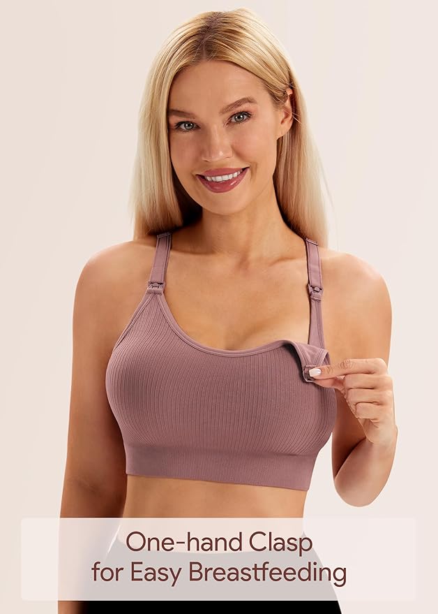 Angelhood Nursing Bras for Breastfeeding, Ribbed Nursing Sports Bra Yoga Maternity Bras Pregnancy Sleep Bralette