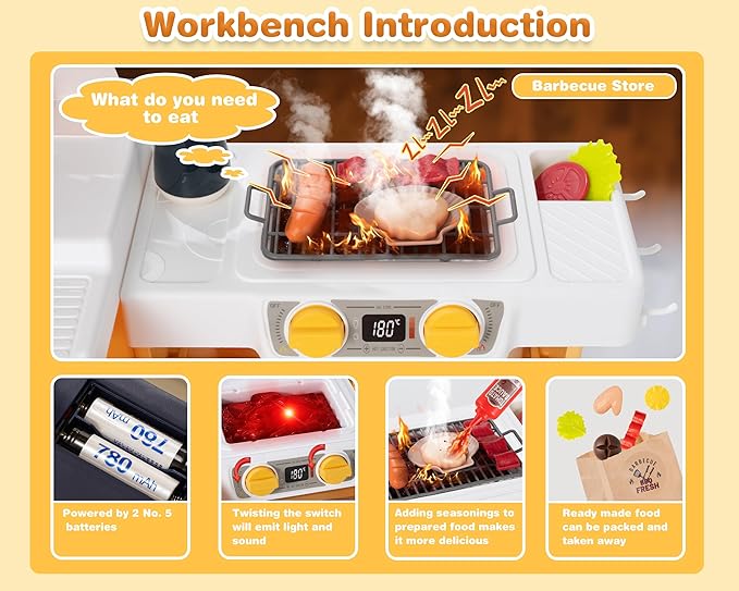 Kids Kitchen Food PlaySet - Simulated BBQ Fast Food Store Toy with Cash Register, Includes Color-Changing Food Sound and Light Effects, Suitable Birthday Gift for Boys and Girls Aged 3-5