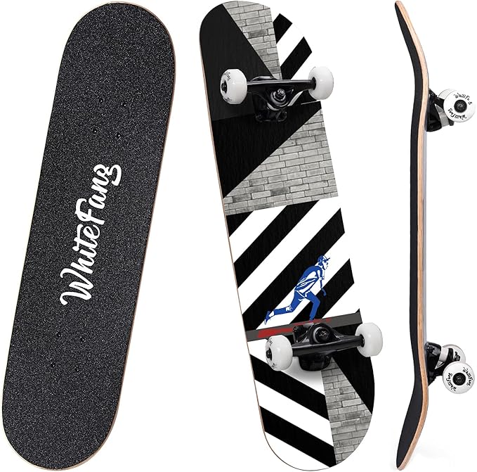 WhiteFang Skateboards for Beginners, Complete Skateboard 31 x 7.88, 7 Layer Canadian Maple Double Kick Concave Standard and Tricks Skateboards for Kids and Beginners