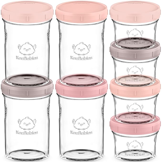 KeaBabies 4pk 8oz & 4pk 4oz Glass Baby Food Containers with Lids - Leak-Proof, Microwavable Small Glass Jars,Baby Purees & Toddler Snack Storage Containers,BPA-Free,Dishwasher & Freezer Safe(Roseate)
