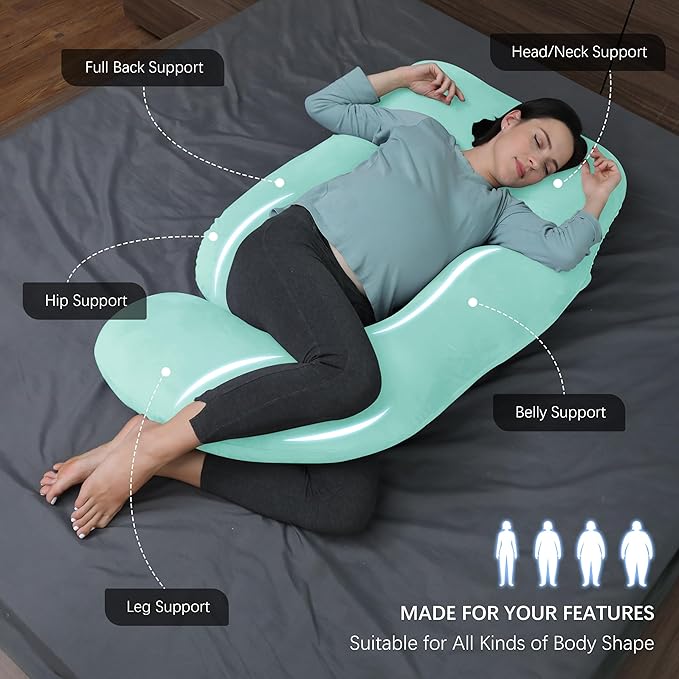 MOON PARK Pregnancy Pillows for Sleeping - U Shaped Full Body Maternity Pillow with Removable Cover - Support for Back, Legs, Belly, HIPS - 65 Inch - Turquoise