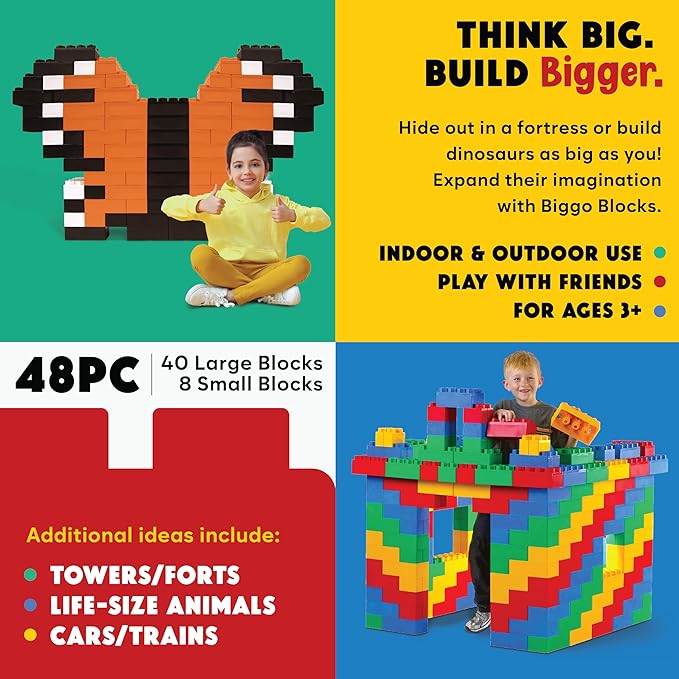 Big Blocks for Kids Ages 4-8 — Indoor & Outdoor Blocks Kids Games — Orange Large Building Blocks - 48 pc