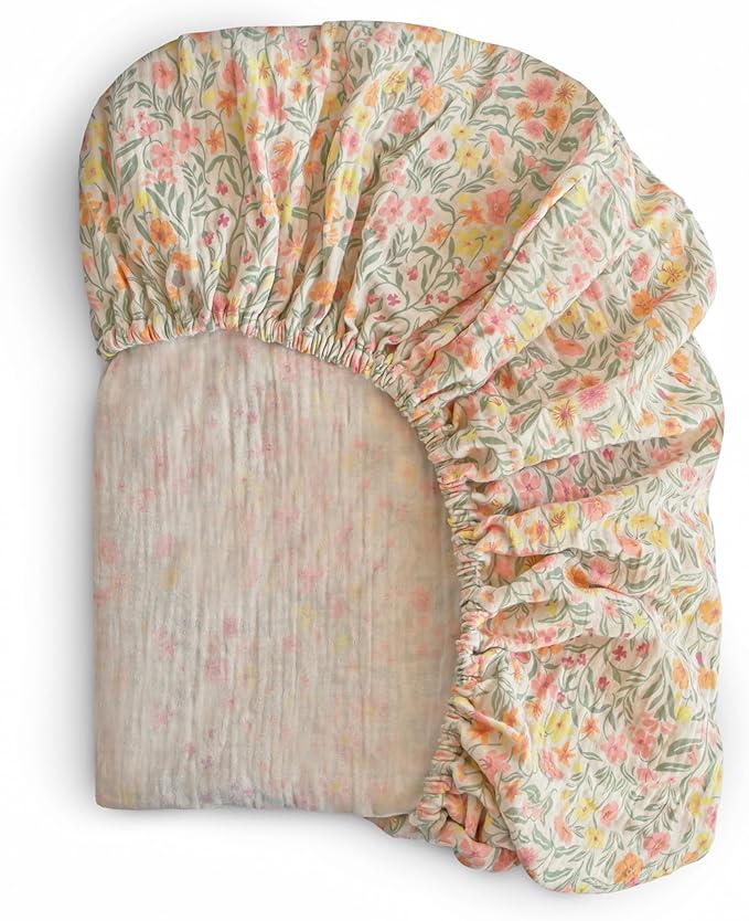 mushie Extra Soft Muslin Fitted Crib Sheet | 192 Thread Count | 28"x 52" (Pastel Blooms)