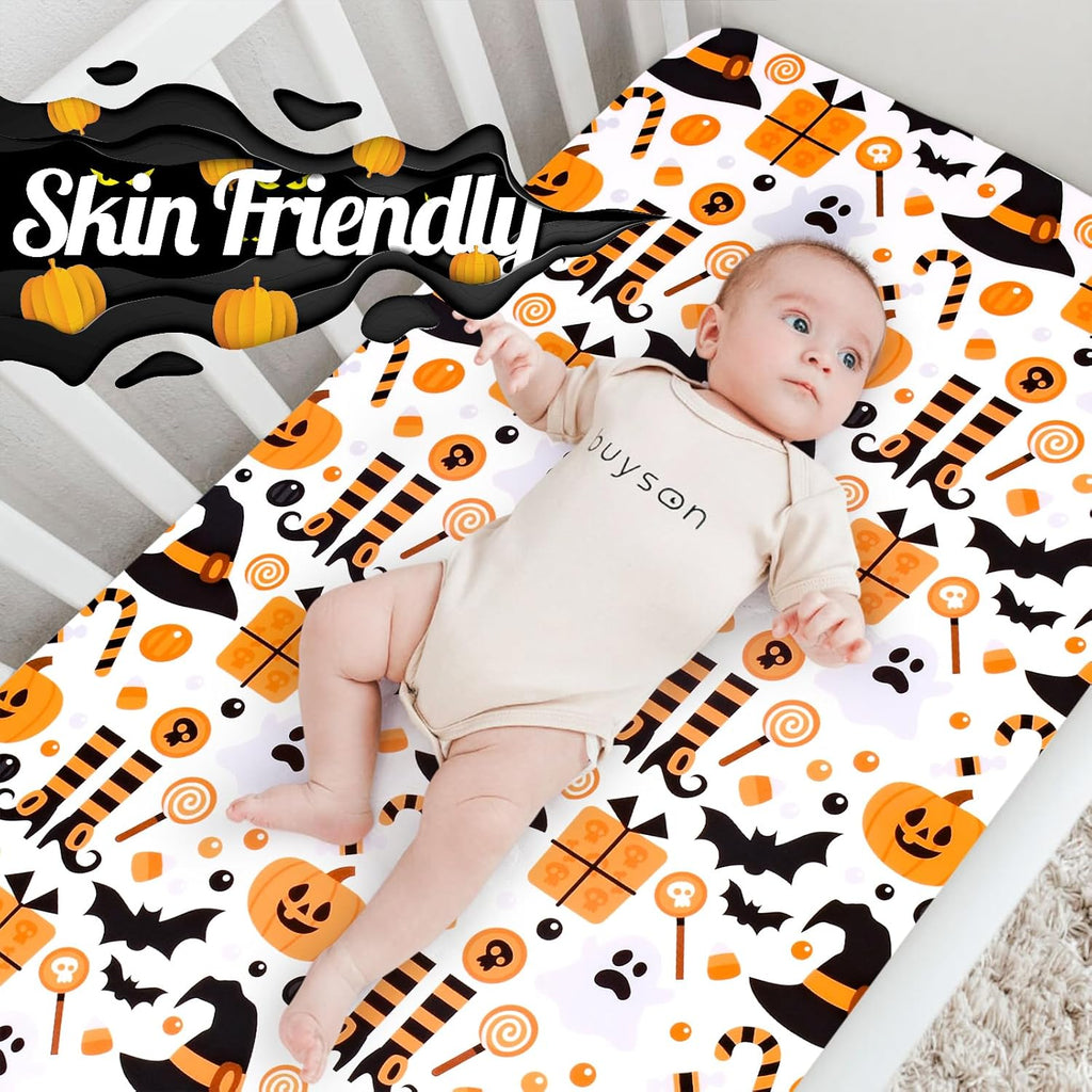 UOMNY Halloween Pumpkin Crib Sheet for Boys Girls Pumpkin Ghost Fitted Crib Sheets for Standard Crib 52 X 28 Inch Toddler Crib Mattresses Sheet