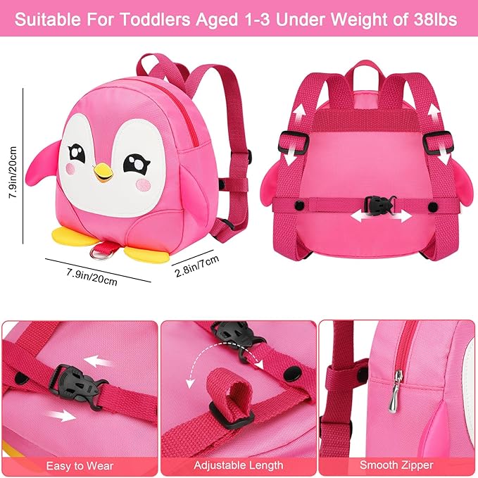 Accmor Toddler Harness Backpack Leash, Cute Penguin Kid Backpacks with Anti Lost Wrist Link, Mini Child Backpack Harness Leashes Walking Wristband Rope Travel Bag Harness Rein for Baby Girls (Pink)