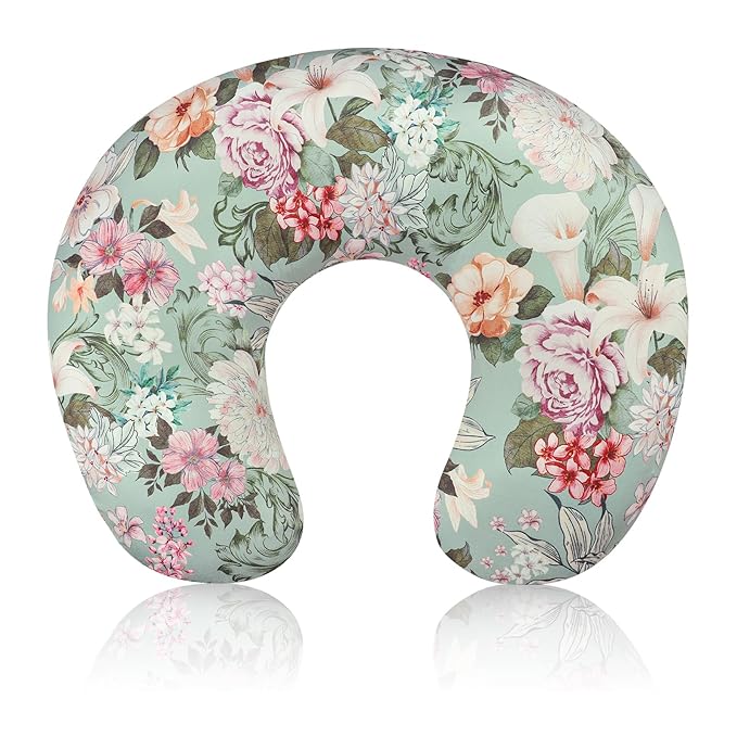 Nursing Pillow Cover for Baby Girls Boys, Green Breastfeeding Pillow Cover, Stretchy Removable Feeding Pillow Case for Newborns, Ultra Soft and Comfortable Nursing Pillow Slipcover, Floral