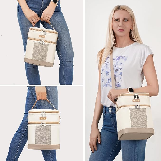 Mancro Breastmilk Cooler Bag with Ice Pack, Double Layer Insulated Baby Bottles Bag Fits 6 Bottles Up to 9 Ounces, Portable Breast Pump Cooler Travel Bag for Daycare and Nursing Moms, Beige