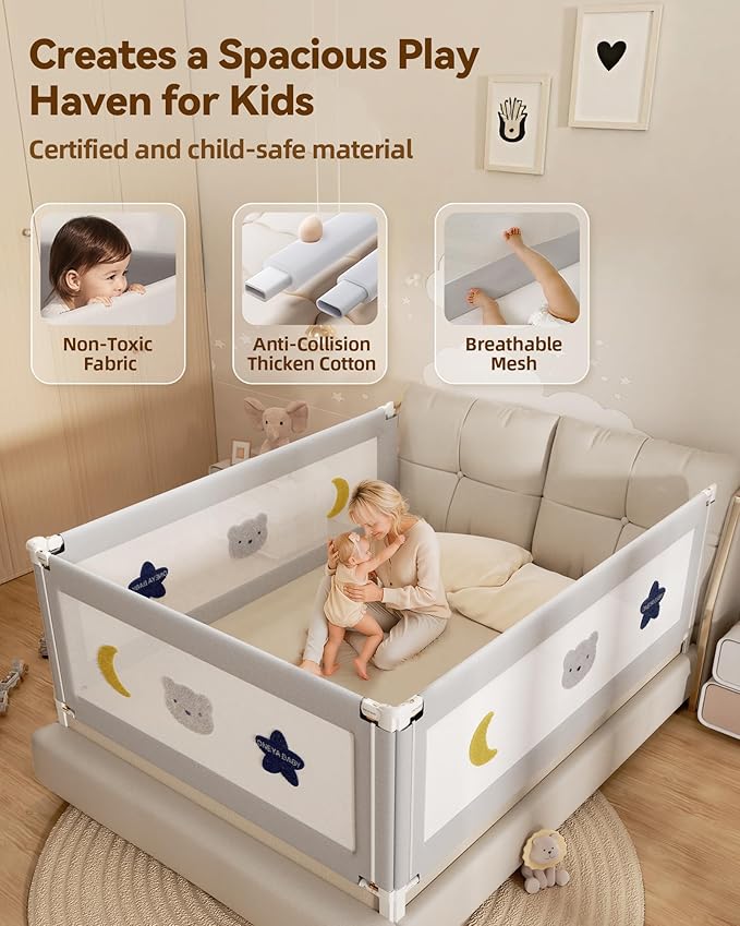 Baby Bed Rail Guard for Toddlers, Reinforced 60in Toddler Bed Rails for Queen Bed with Height Adjustable, Extral Tall Child Safety Side Railing Guards/Bedrail for Kids,Grey Star, 1 Side 54" Lx28” H