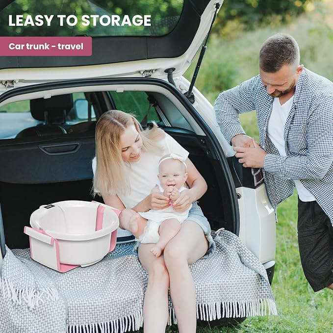 Collapsible Baby Bathtub, Baby Tubs for Newborns with Soft Cushion & Thermometer & Toy Organizer Mesh Bag, Infant Bathtub to Toddler 0-36 Months, Portable Travel Newborn Baby Bathtubs (Pink)