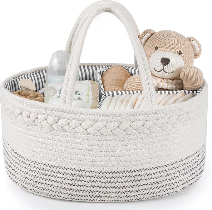 Maliton Baby Diaper Caddy Organizer, Cotton Rope Diaper Caddy Basket, Large Storage Basket for Newborn Boys and Girls, Gift for Baby Shower List, Newborn Essentials