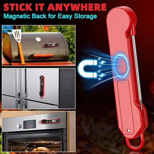 Digital Meat Thermometer for Cooking – Waterproof Instant Read Food Thermometer with Backlight & Calibration, Fast Read, Folding Probe for BBQ, Grill, Candy, Deep Fry, Kitchen, Liquids, Beef（Red）